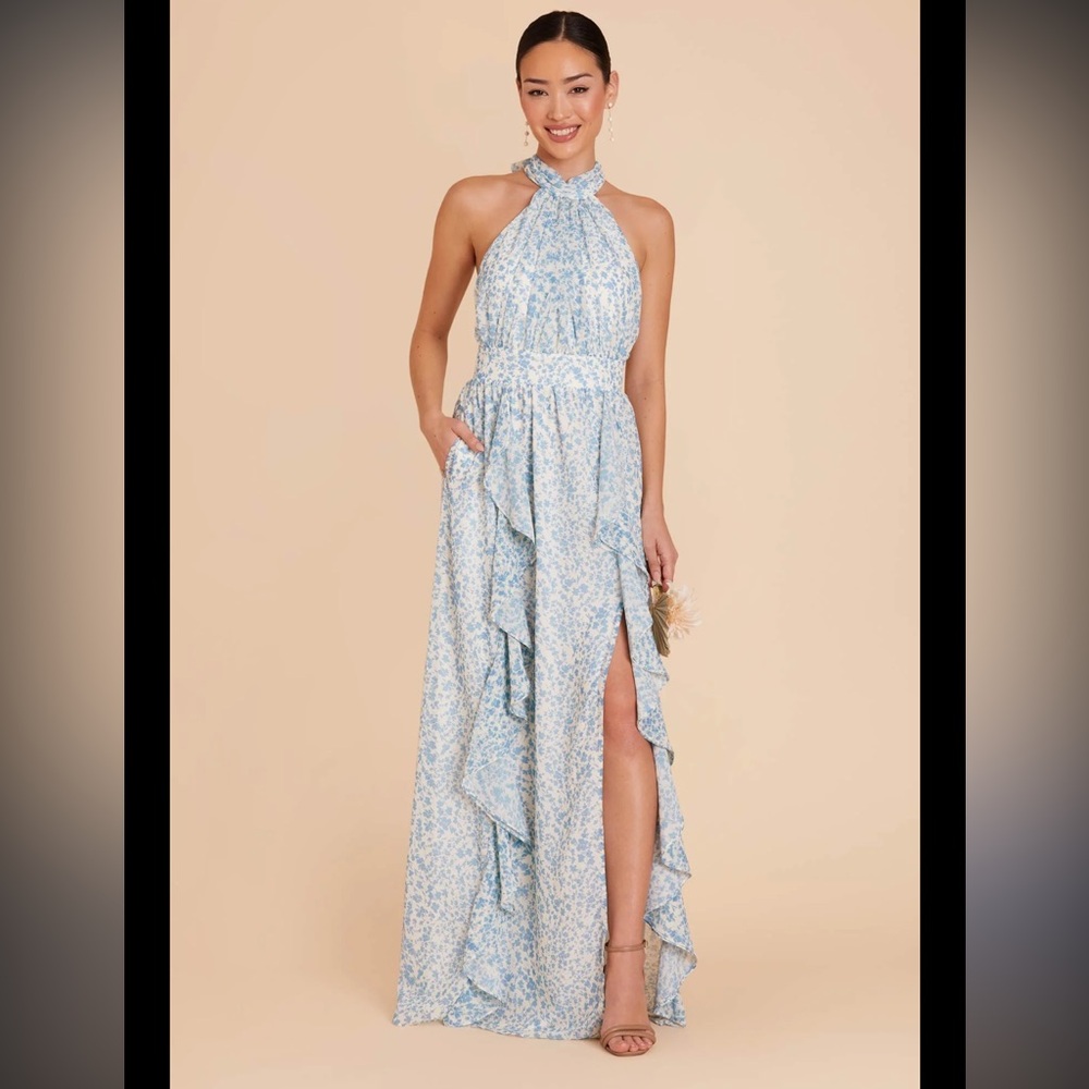 Joyce blue dreamy ditsy chiffon halter ruffle maxi dress